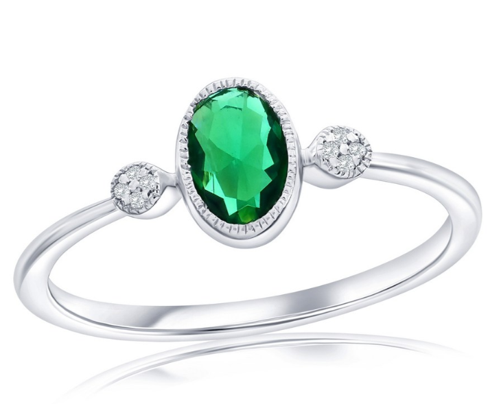 Sterling Silver Lab-Grown Oval Emerald & Natural Diamond Ring, Size 6 (100222)