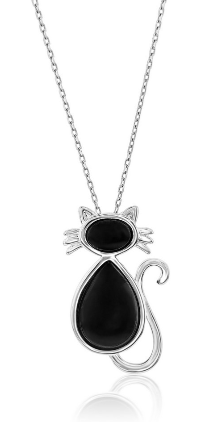Sterling Silver Onyx Cat Pendant With Chain  (100354)
