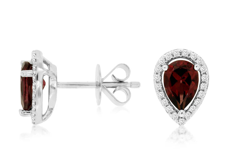 14K White Gold Pear Shaped Rhodolite And Diamond Halo Earrings (100484)