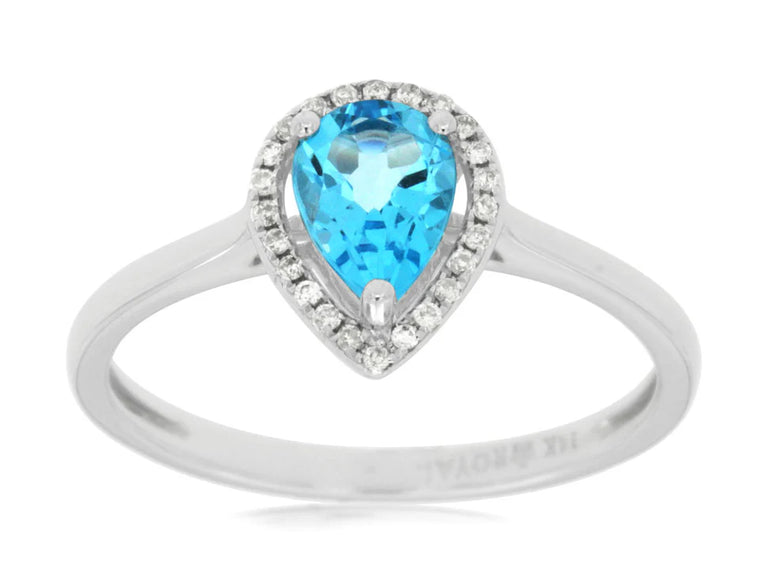 14K White Gold Pear Shape Blue Topaz and Diamond Halo Ring (99609)