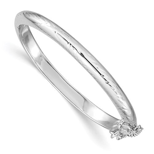 Sterling Silver Rhodium-plated Polished and Diamond-cut 4mm with Safety Clasp Hinged Children's Bangle