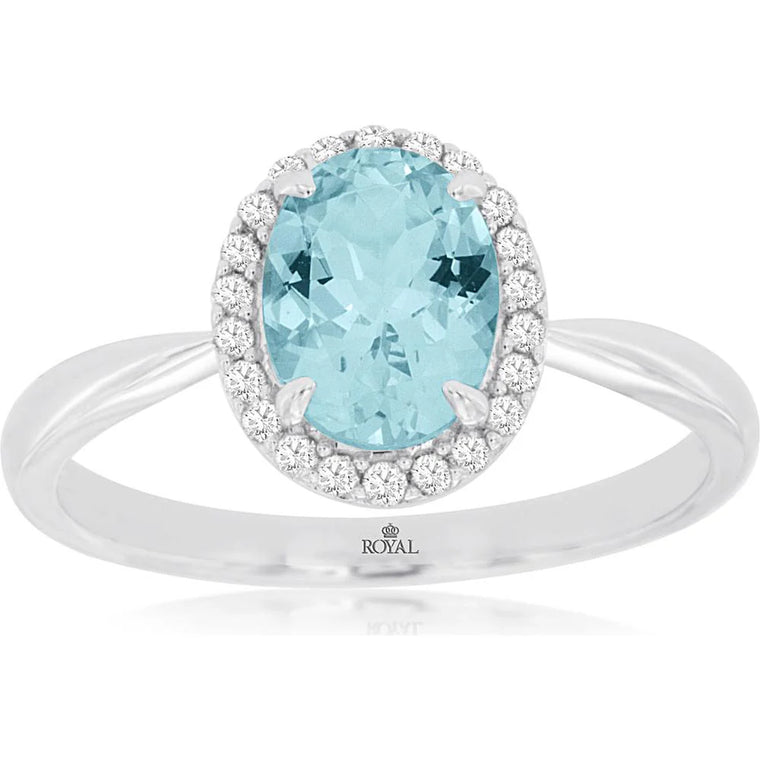 14K White Gold Oval Aquamarine and Diamond Halo Ring (100485)