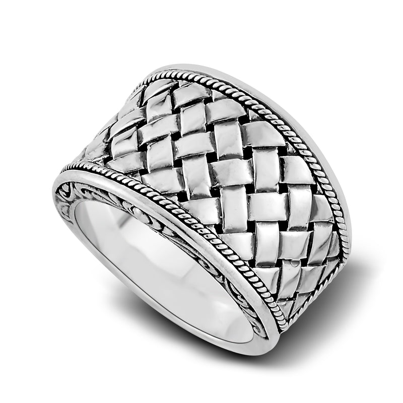 Samuel B. Sterling Silver Basketweave Design Ibu Ring, Size 10. Our Sterling Silver basketweave design ring is handcrafted in Bali by our skilled artisans. Each creation in the Imperial Bali™ Men’s Collections draws its power from mystic dragons, yet bows in reverence to nature and ancient Balinese patterns, weaves and textures.