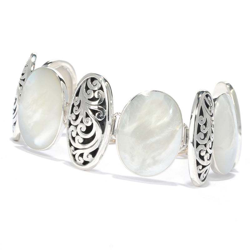 Samuel B Sterling Silver Mother-of-Pearl and Balinese Design Oval Link Bracelet