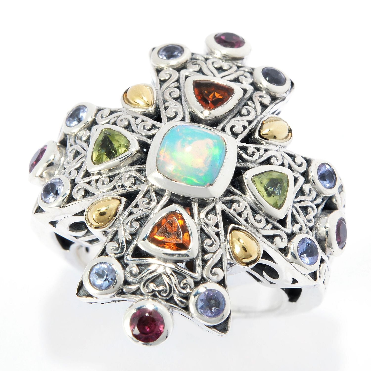 Samuel B Sterling Silver and 18K Yellow Gold Multi-Gemstone Cross Ring