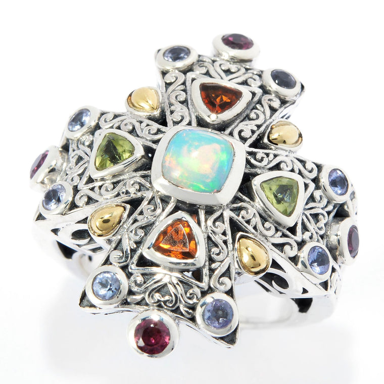 Samuel B. Sterling Silver and 18K Yellow Gold Multi-Gemstone Cross Ring (91421)