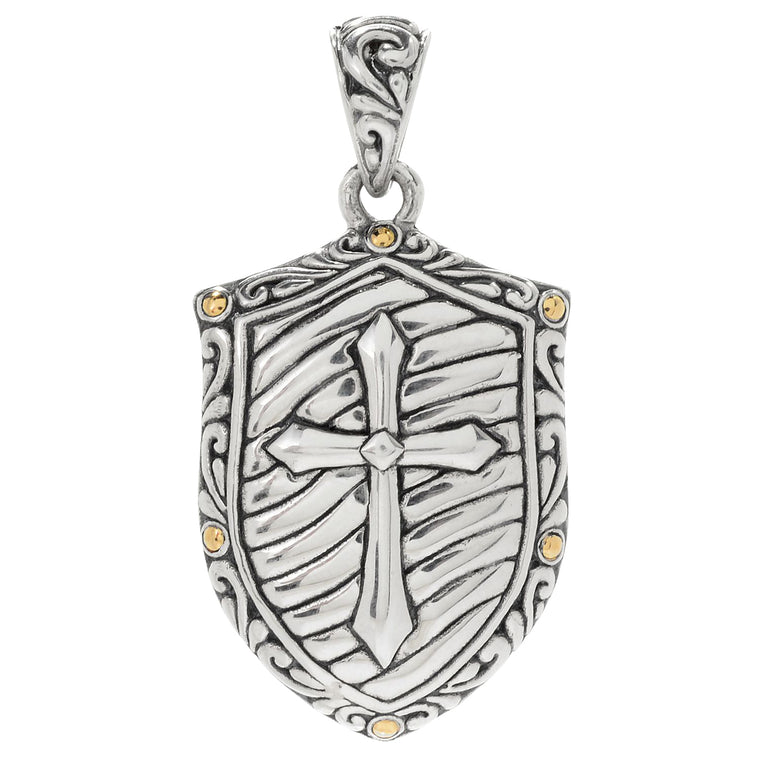 Samuel B. Sterling Silver and 18K Yellow Gold Men's Shield Cross Pendant (91428)