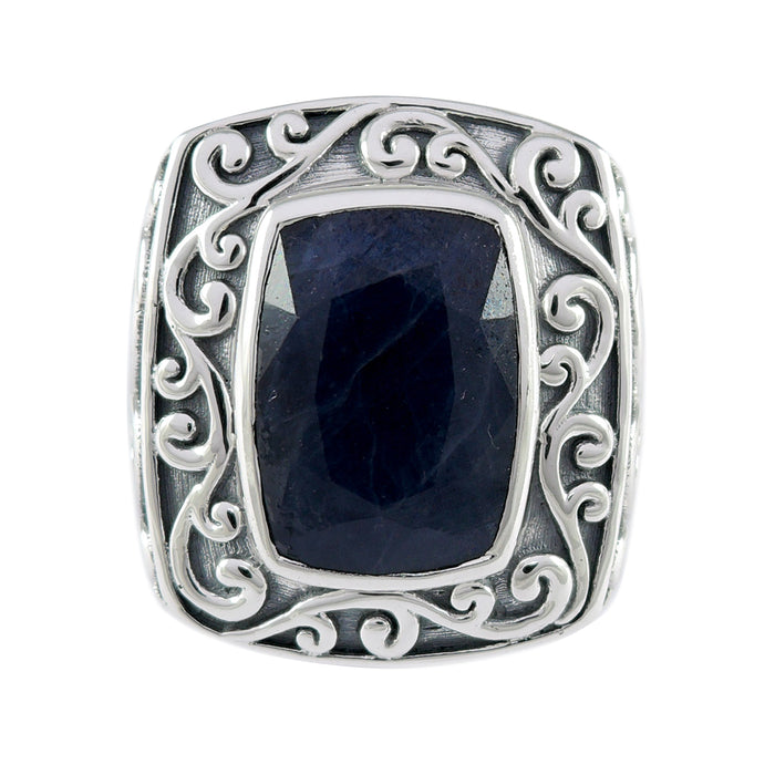 Samuel B Sterling Silver Balinese Design Ring with Cushion Cut Madagascar Blue Sapphire