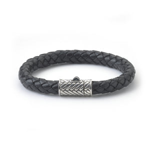 Samuel B Sterling Silver Black Leather Bracelet with Woven Design Clasp