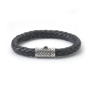 Samuel B. Sterling Silver Black Leather Bracelet with Woven Design Clasp (93410)
