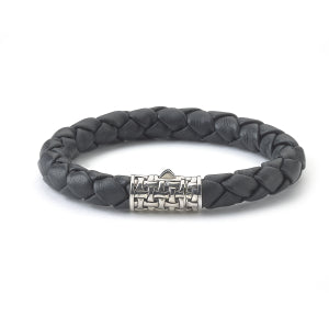 Samuel B. Sterling Silver Black Leather Bracelet with Textured Design Clasp (93409)