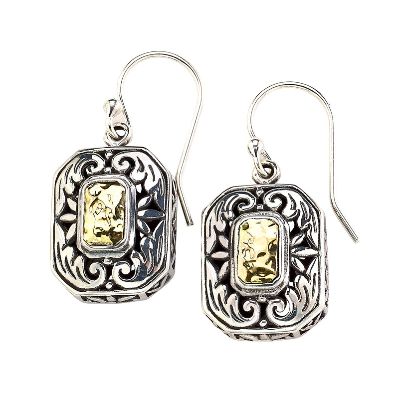 Samuel B Sterling Silver and 18K Yellow Gold Hammered Balinese Design Rectangle Earrings