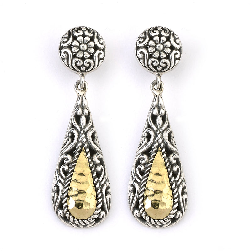 Samuel B Sterling Silver and 18K Yellow Gold Hammered Design Teardrop Earrings