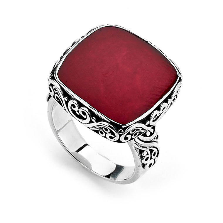 Samuel B. Sterling Silver Square Balinese Design Coral Ring (91445)