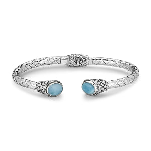 Samuel B. Sterling Silver Oval Larimar Woven Design Hinged Sanur Bracelet. Our Sterling Silver oval Larimar woven design hinged bangle, handcrafted in Bali by our skilled artisans. From our signature collection, Royal Bali™ featuring designs handcrafted using sterling silver and genuine gemstones.