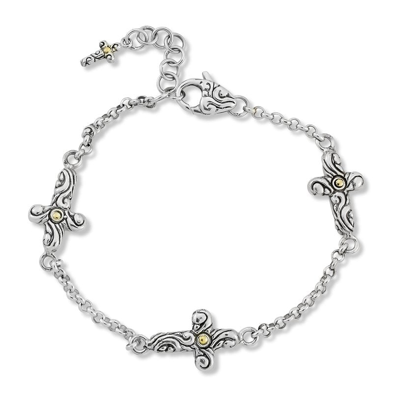 Samuel B. Sterling Silver and 18K Yellow Gold Farrell  Cross Link Bracelet with Balinese Style details is handcrafted in Bali by our skilled artisans. From our Bali Privé™ collection which embodies the 2021 PANTONE™ Colors of the Year, showcasing the perfect combination of sterling silver and solid 18k gold.