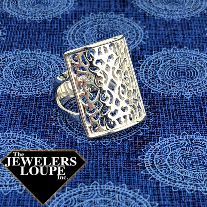 Southern Gates Rectangle Scroll Ring from the Southern Gates® Classic Series  Size 7   Ornamental ironwork found throughout the country has inspired the Southern Gates® Collection.  The delicate designs once forged in iron represent a legacy that continues through the presence of iron gates in cities and towns across the country and around the globe.  The filigree, scroll and tracery patterns found in the Southern Gates® Collection are unique, yet familiar.  The Southern Gates® represent timeless tradition