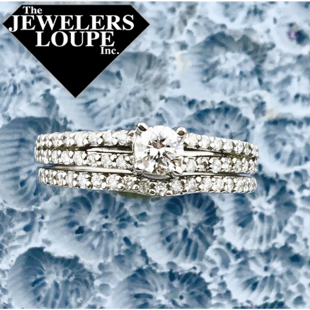 14K White Gold Split Shank Engagement Ring and Matching Curved Band set with .65ctw of Diamonds.