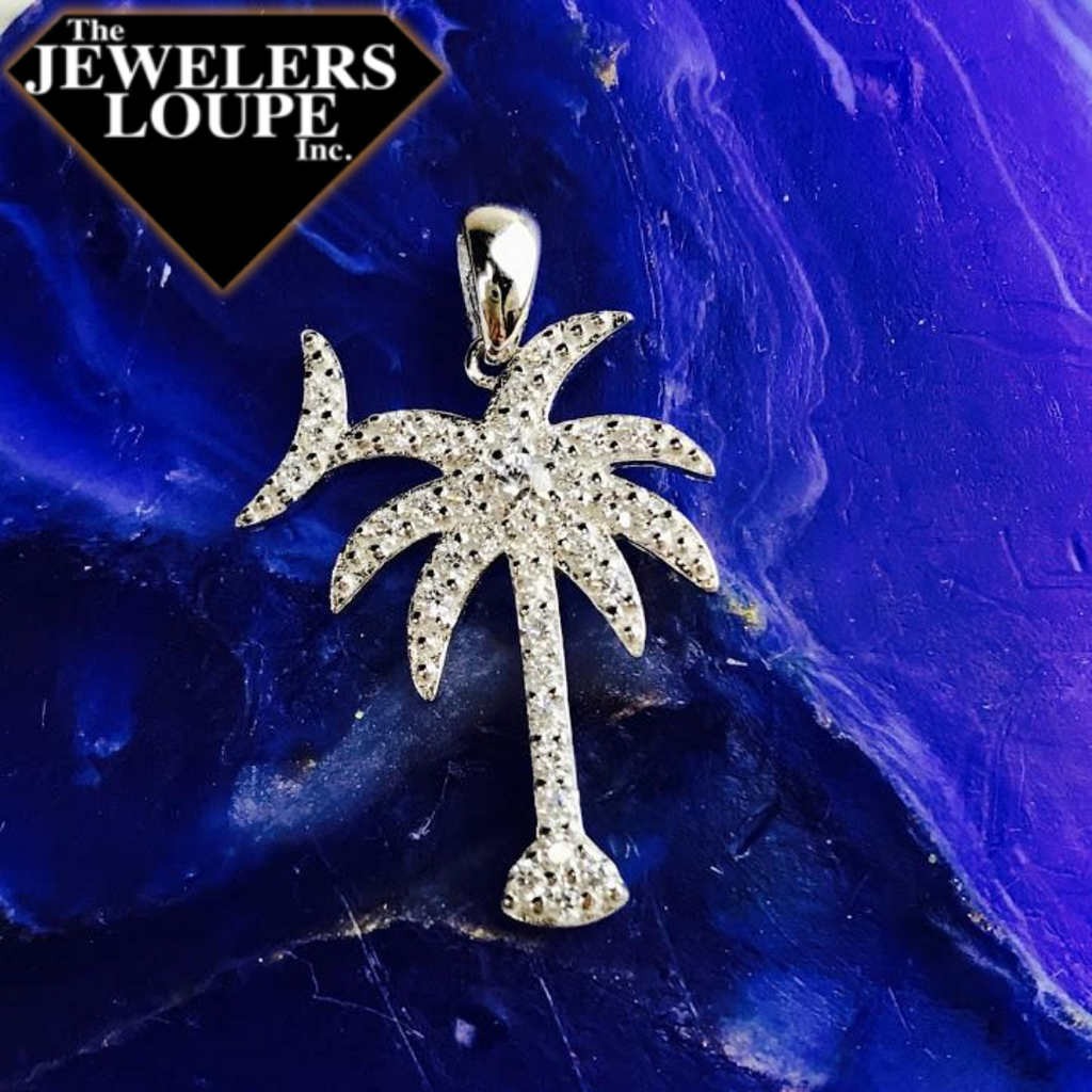 Sterling Silver and Cubic Zirconia Palmetto Tree and Moon Pendant Sma J Loupe