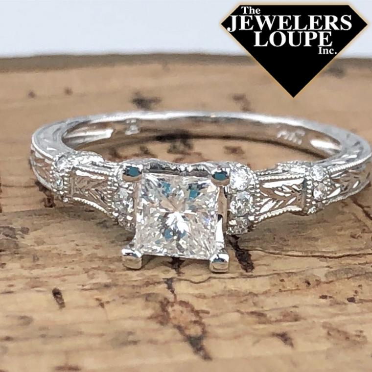 14K White Gold .68ctw Diamond Princess Cut Vintage Style Engagement Ring (79659)