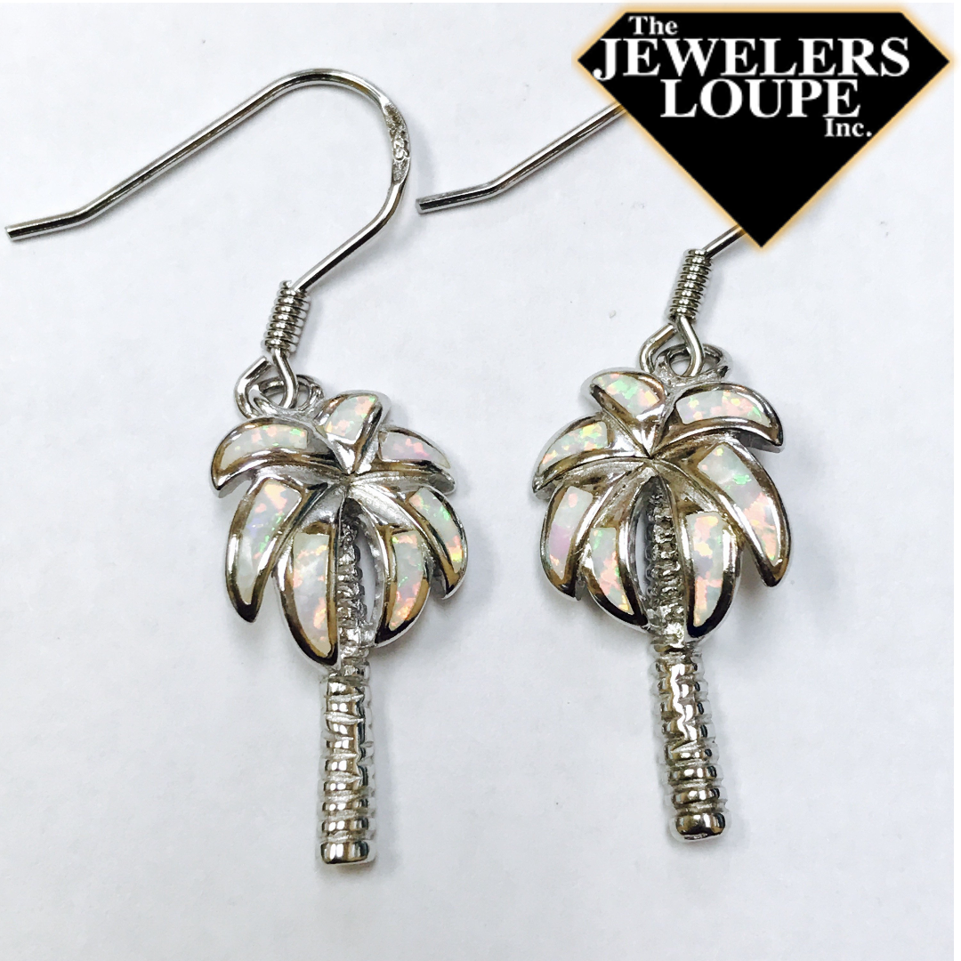 Sterling Silver Created White Opal Inlay Palm Tree Earrings