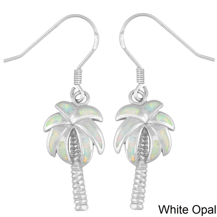 Sterling Silver Created White Opal Inlay Palm Tree Earrings