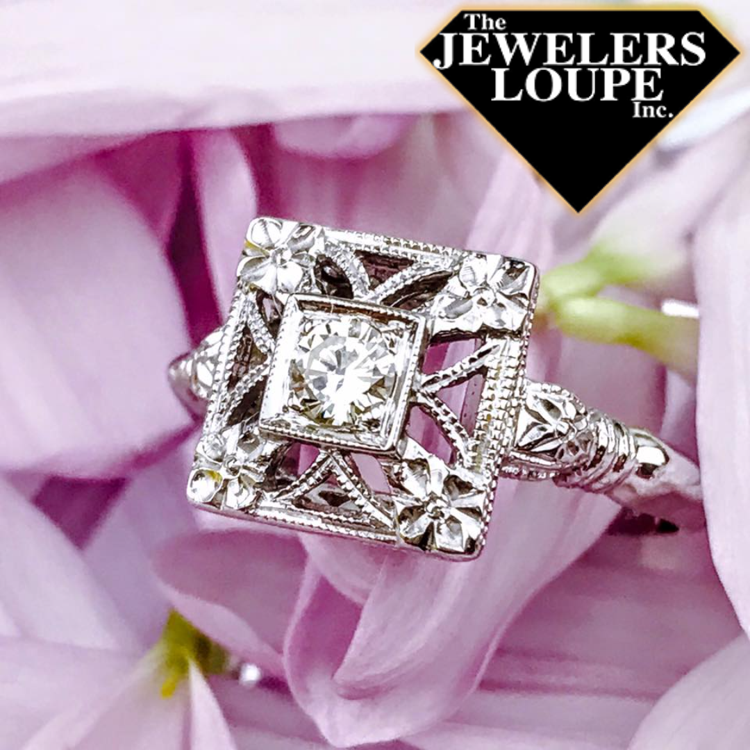 Vintage Style Square Filigree .20ctw Diamond Ring in 14K White Gold.