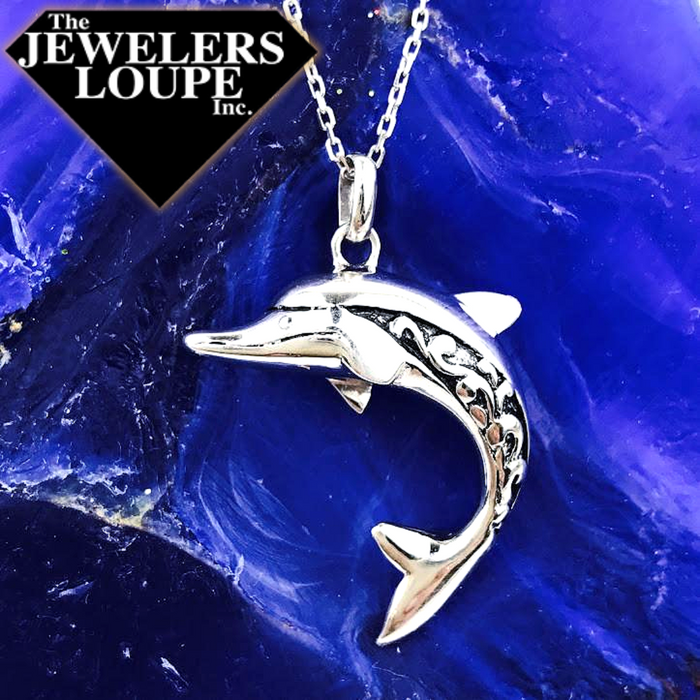 Sterling Silver Antique Finish Dolphin with Floral Design Pendant with 18" Sterling Silver Chain.