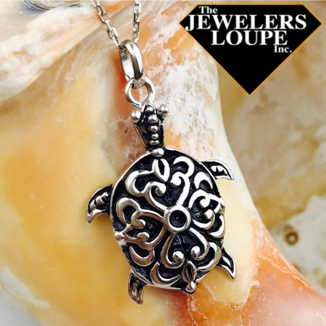 Sterling Silver Antique Finish Sea Turtle Pendant with 18" Sterling Silver Chain.