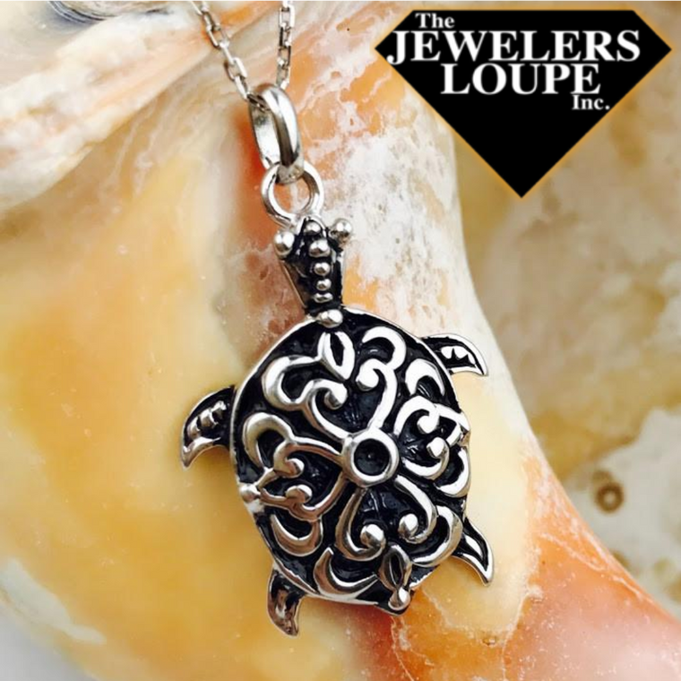 Sterling Silver Antique Finish Sea Turtle Necklace (90099)