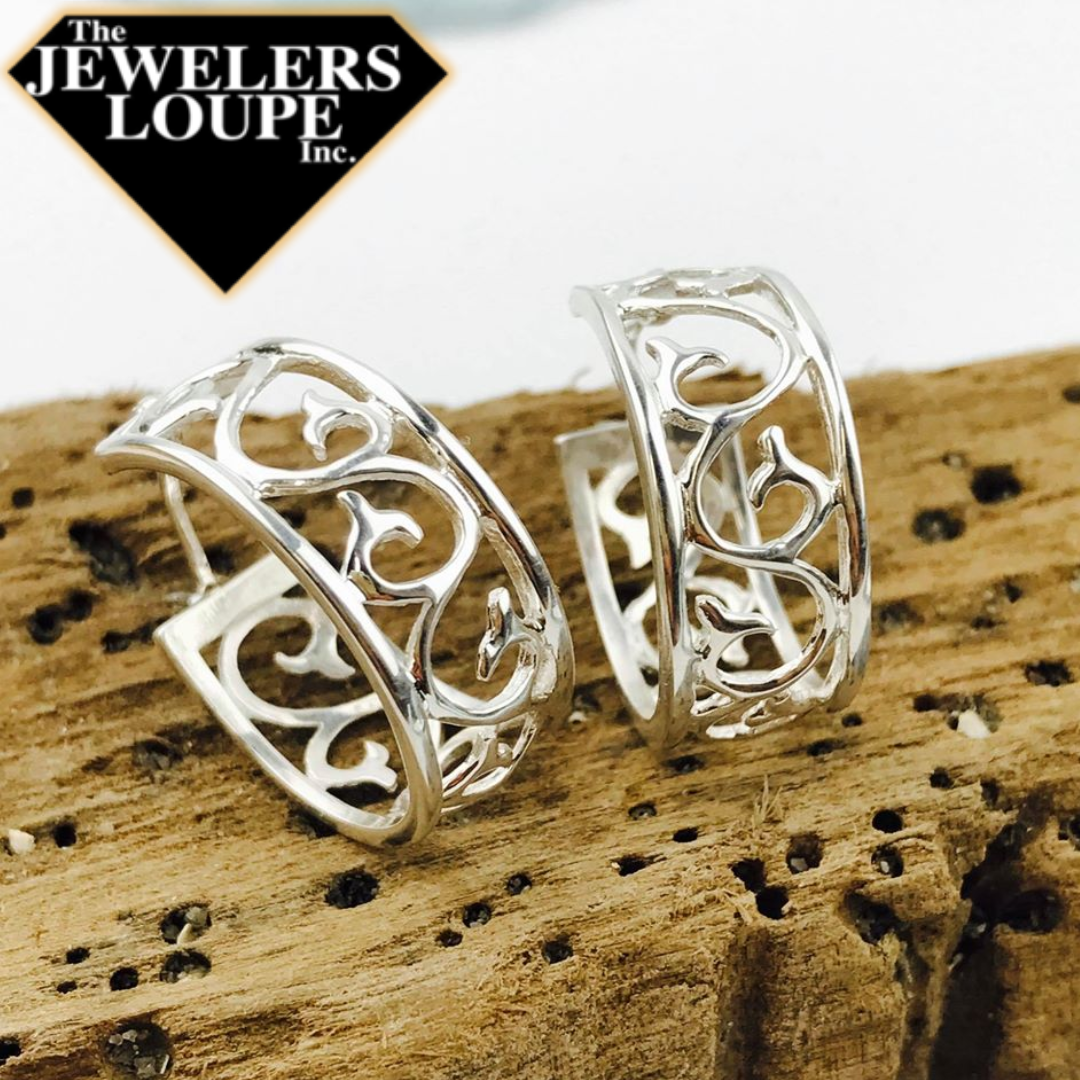 Southern Gates Scroll Hoop Earrings Classic Series 20mm diameter, 9mm wide 925 Sterling Silver Designed in Charleston, SC  An original design from the Southern Gates® Collection inspired by traditional filigree patterns found in historic wrought iron gates throughout the South.