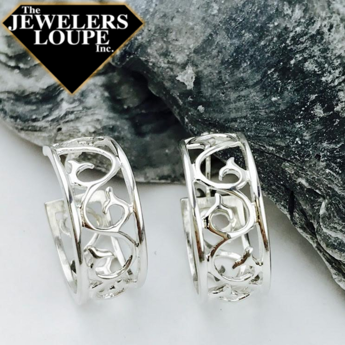 Southern Gates Scroll Hoop Earrings Classic Series 20mm diameter, 9mm wide 925 Sterling Silver Designed in Charleston, SC  An original design from the Southern Gates® Collection inspired by traditional filigree patterns found in historic wrought iron gates throughout the South.