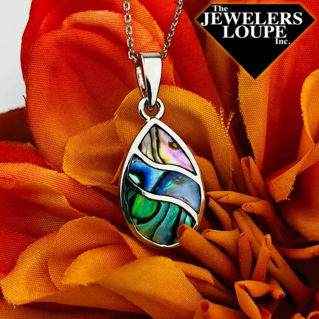 Sterling Silver Abalone Waves Design Teardrop Pendant with 18" Sterling Silver Chain.