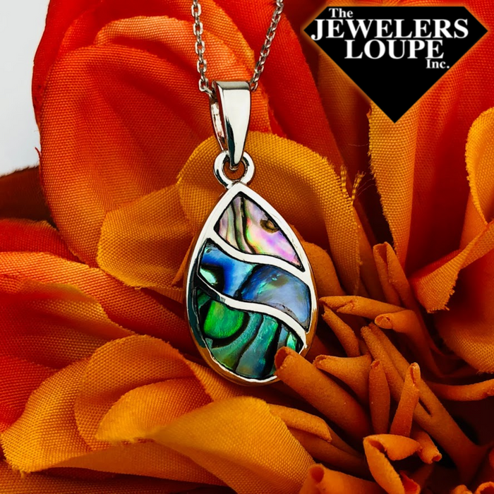 Sterling Silver Abalone Waves Design Teardrop Pendant with 18" Sterling Silver Chain.