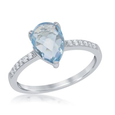 Sterling Silver Blue Topaz Teardrop with White Topaz Ring