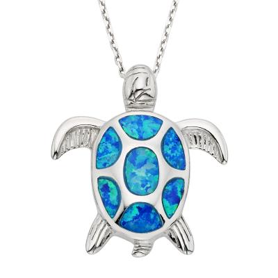 Sterling Silver Blue Inlay Created Opal Sea Turtle Necklace (91099)
