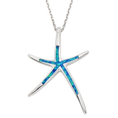 Sterling Silver Created Blue Opal Inlay Starfish Necklace