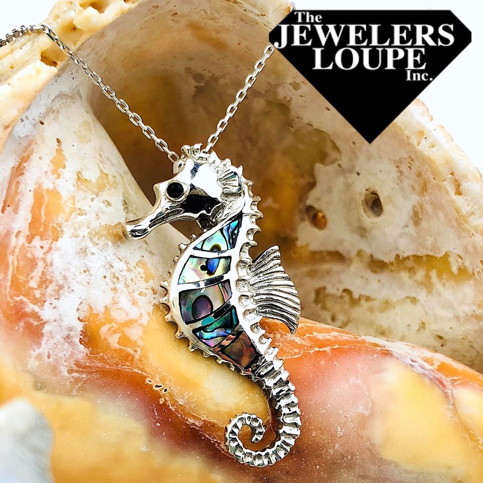 Sterling Silver Abalone Seahorse Pendant with 18" Sterling Silver Chain.