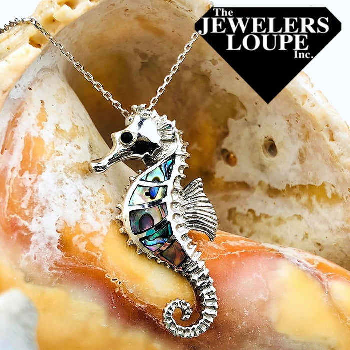 Sterling Silver Abalone Seahorse Pendant with 18" Sterling Silver Chain.
