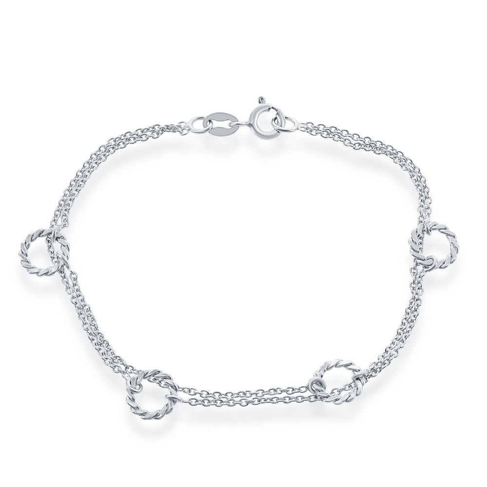Sterling Silver Double Strand Bracelet with Rope Style Open Rings, 7".