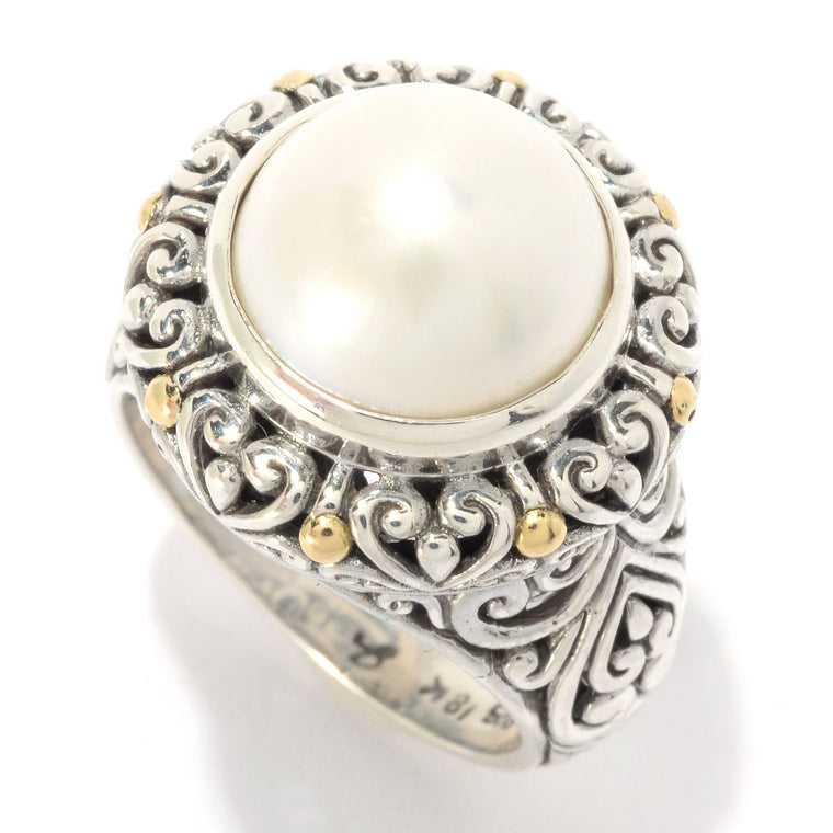Samuel B. Sterling Silver and 18K Yellow Gold Round White Pearl Ring, Size 7 (91434)