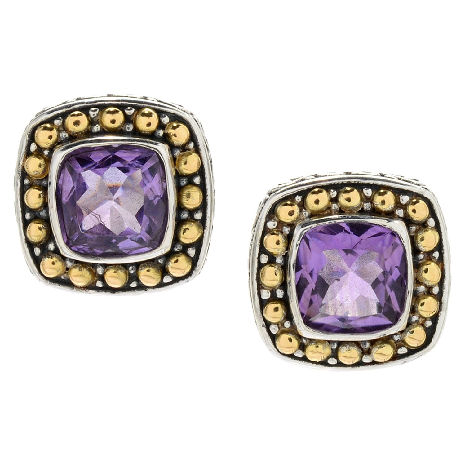 Samuel B Sterling Silver and 18K Yellow Gold Cushion Cut Amethyst Stud Earrings