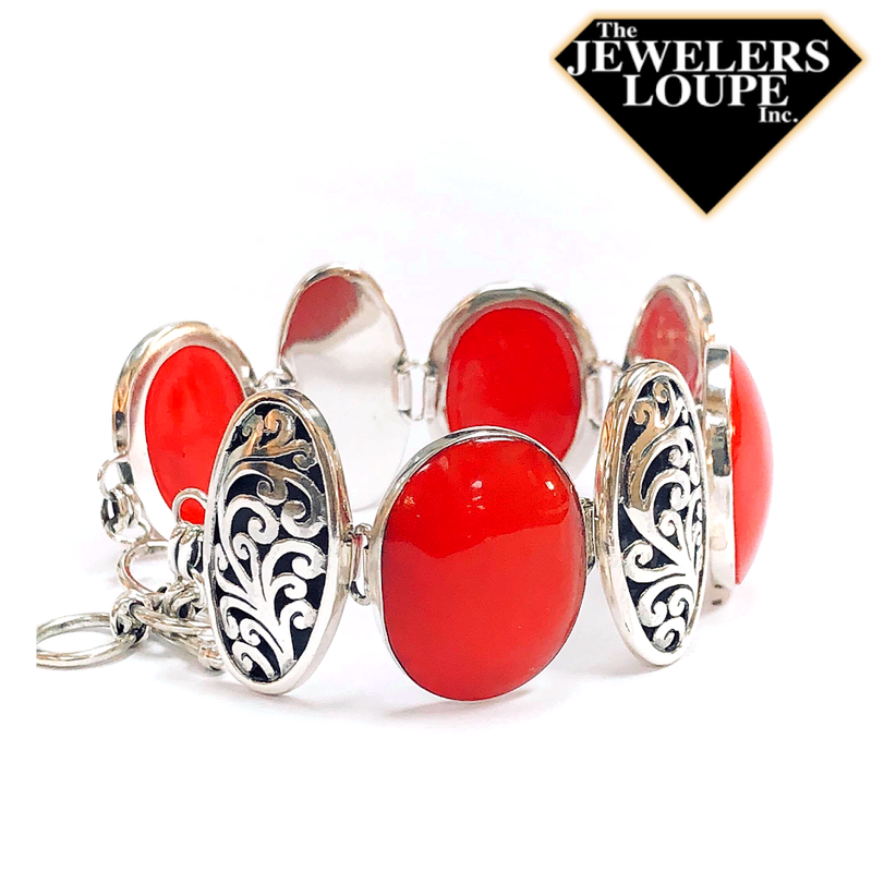 Samuel B. Sterling Silver Oval Coral and Balinese Design Bracelet with Toggle Clasp.