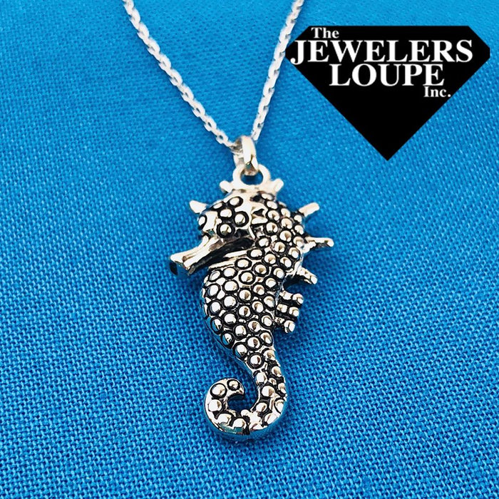 Sterling Silver Antique Finish Seahorse Pendant with 18" Sterling Silver Chain.