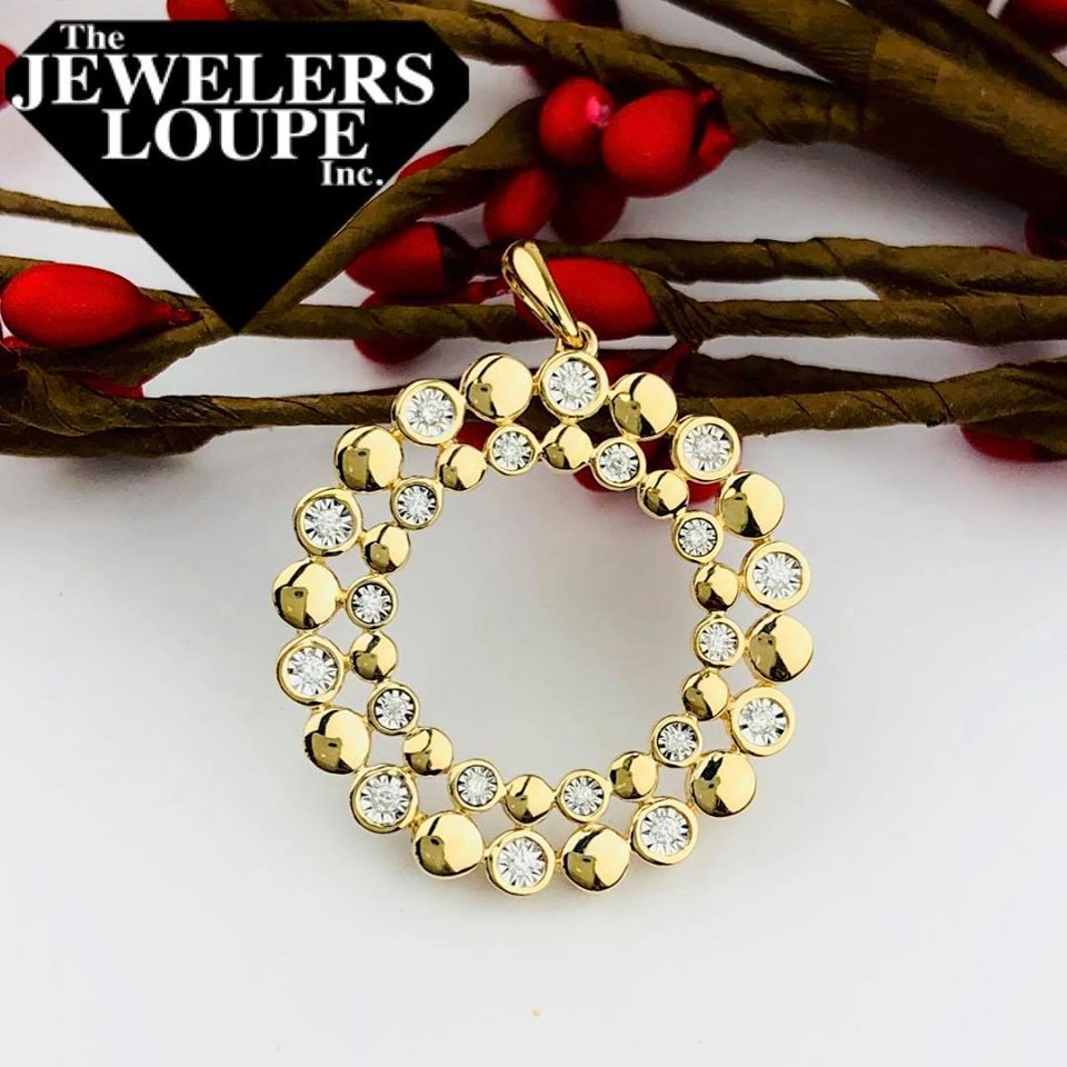 Double Row Circle Pendant in 14K Yellow Gold with .16ctw bezel set Diamonds
