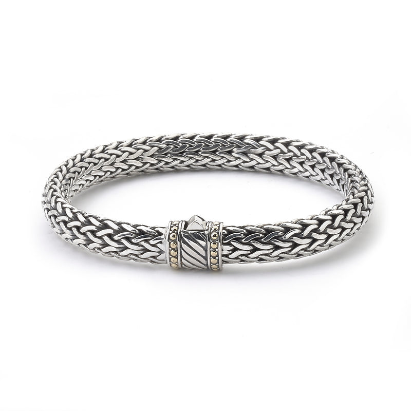 Samuel B. Sterling Silver and 18K Yellow Gold Mens Bracelet with Diagonal Line Design on Clasp, 8". Majesty Palm diagonal line men's bracelet, handcrafted in Bali by our skilled artisans. Each creation in the Imperial Bali™ Men’s Collections draws its power from mystic dragons, yet bows in reverence to nature and ancient Balinese patterns, weaves and textures.