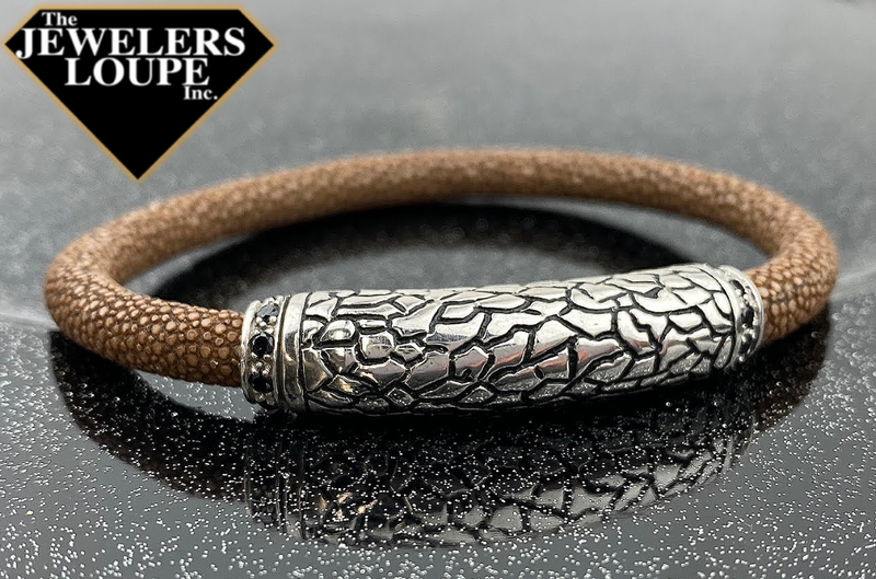 Samuel B. Sterling Silver Pebble Design with Brown Stingray Leather and Black Onyx Accents Bracelet, 8.25".