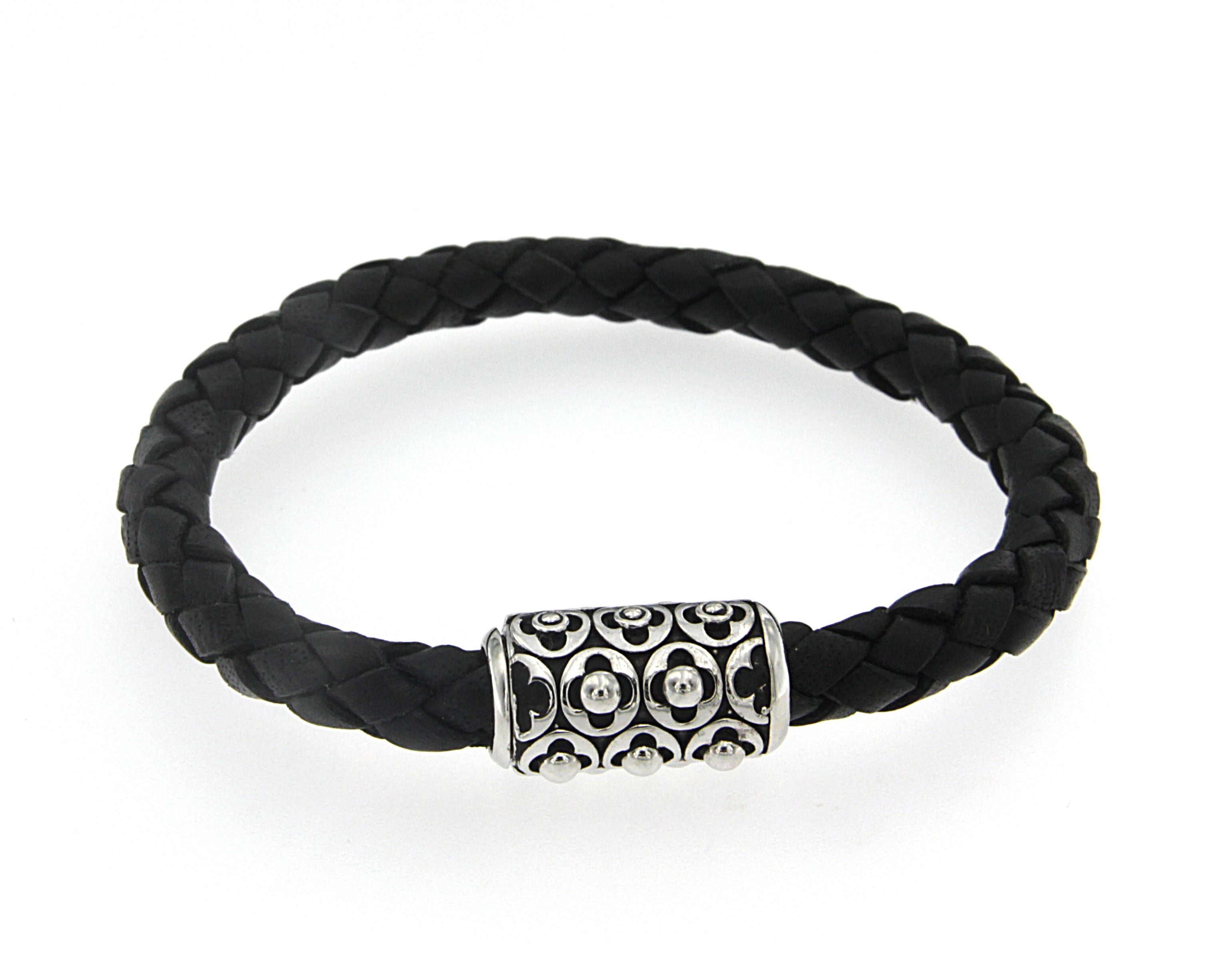 Samuel B. Sterling Silver Men's Baron Frederick Black Leather Bracelet, 8.5". Our Sterling Silver imperial men's black leather bracelet, handcrafted in Bali by our skilled artisans. Each creation in the Imperial Bali™ Men’s Collections draws its power from mystic dragons, yet bows in reverence to nature and ancient Balinese patterns, weaves and textures.