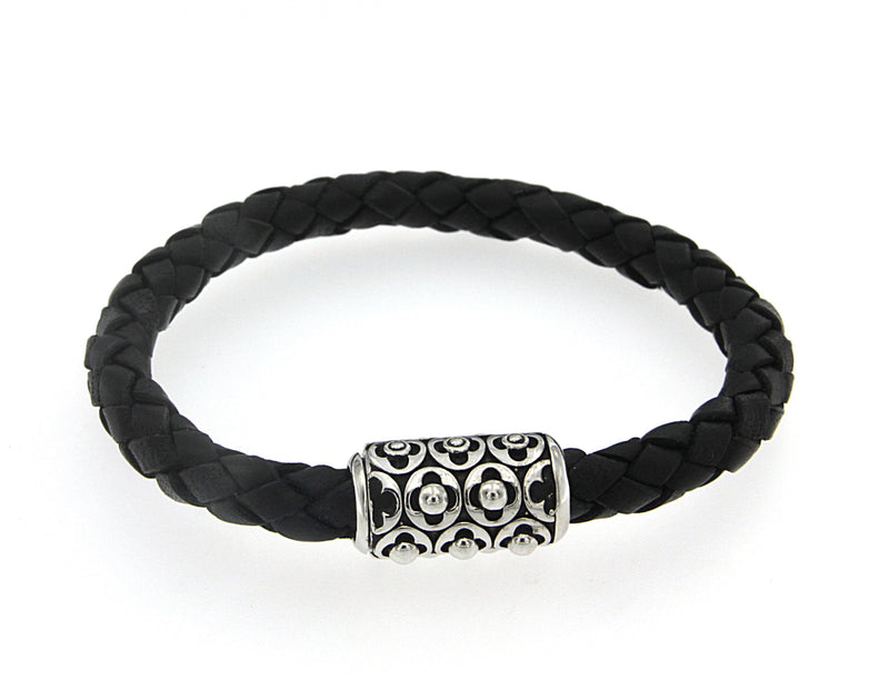 Samuel B. Sterling Silver Men's Baron Frederick Black Leather Bracelet, 8.5". Our Sterling Silver imperial men's black leather bracelet, handcrafted in Bali by our skilled artisans. Each creation in the Imperial Bali™ Men’s Collections draws its power from mystic dragons, yet bows in reverence to nature and ancient Balinese patterns, weaves and textures.