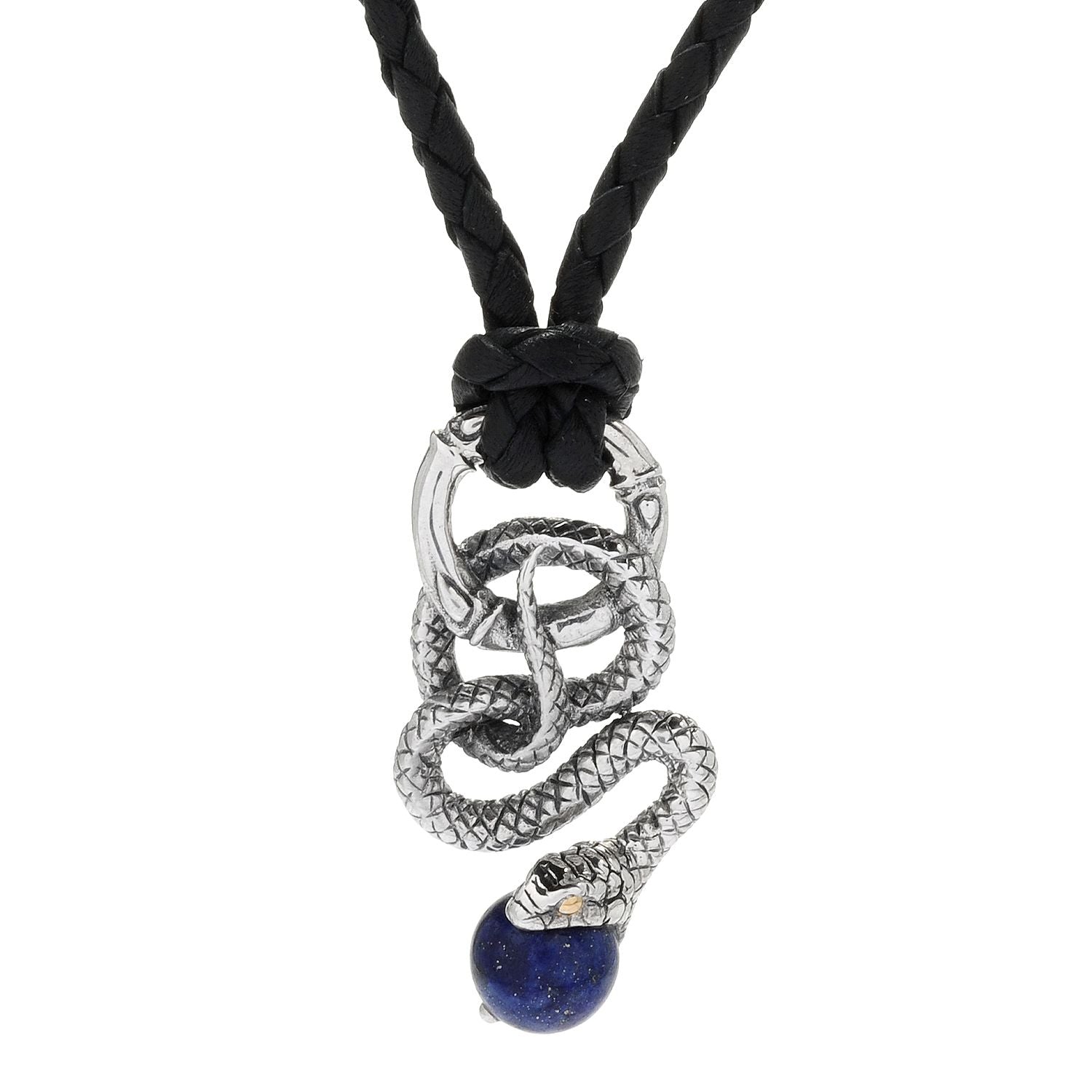Samuel B. Sterling Silver and 18K Yellow Gold Possess Accented Snake with Lapis Bead on a 22" Black Leather Cord, handcrafted in Bali by our skilled artisans. Each creation in the Imperial Bali™ Men’s Collections draws its power from mystic dragons, yet bows in reverence to nature and ancient Balinese patterns, weaves and textures.